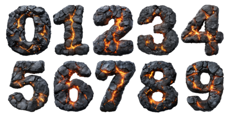 A font set of numbers made of hot glowing lava and black rocks, PNG isolated on a transparent background.