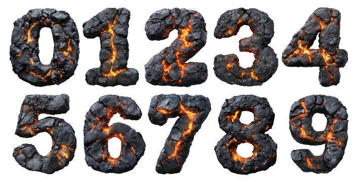 A font set of numbers made of hot glowing lava and black rocks, PNG isolated on a transparent background.
