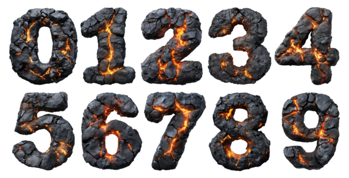 A font set of numbers made of hot glowing lava and black rocks, PNG isolated on a transparent background.