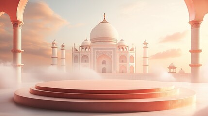 empty round cylinder pedestal display or podium platform with Taj Mahal