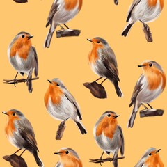 Robin's eggs, seamless linen with birds on a yellow background