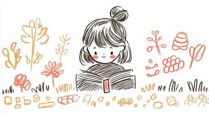 Cute child reading a book amidst whimsical nature doodles in pastel colors