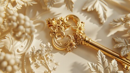 A gold-plated vintage key with intricate details, isolated on a white background.