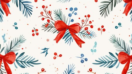 A cute Christmas pattern with red bows and evergreen branches