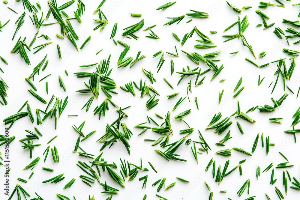 Poster scattered green needles captured in macro with sharp direct lighting on a seamless white background 