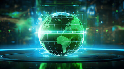 Obraz premium Futuristic Digital Globe Displaying Earth with Green Light Effects