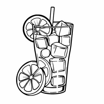 recommend clip art: black outline vector of a glass of lemonade with ice cubes and lemon slices