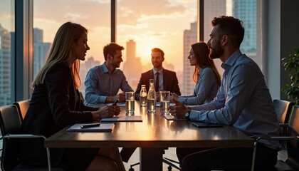 group of professionals engaged in a meeting around a conference table in a high-rise office, as warm sunset light streams through the windows, adding elegance to the scene