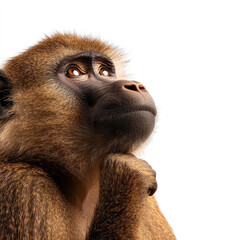 Fototapeta premium Thoughtful monkey with expressive eyes against a white isolate background.