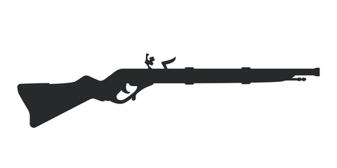Isolated ancient rifle silhouette. Retro weapon drawing. Mediaeval gun icon. Black art of antique pistol
