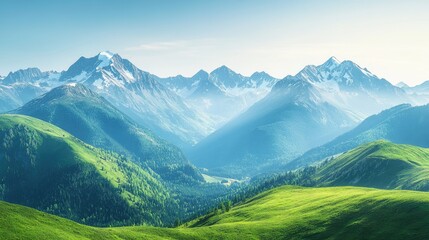 Majestic Mountain Vista: A Breathtaking View of Snow-Capped Peaks and Lush Green Valleys
