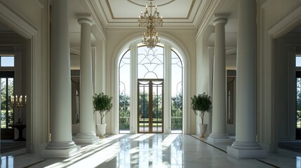 Grand Mansion Entrance Hall:  Elegant Interior Design with Classical Columns and French Doors
