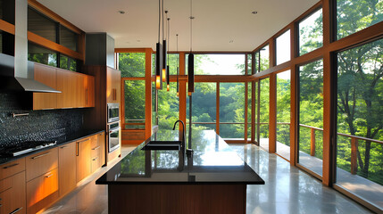 Modern Kitchen with Panoramic Forest Views