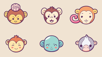 Obraz premium Cute Monkey Emoji Set Flat Vector Illustration
