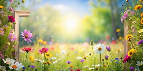 A vibrant summer meadow scene framed by wooden borders, showcasing a profusion of wildflowers bathed in sunlight.