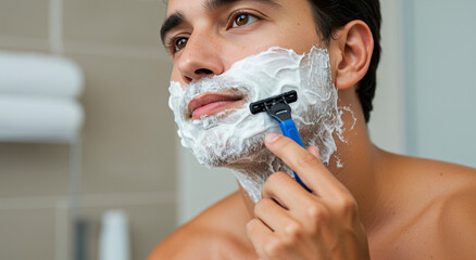 Man, shaving and morning routine with razor, foam and looking up for personal hygiene. Latino person, skin care and bathroom with facial treatment for grooming and wellness