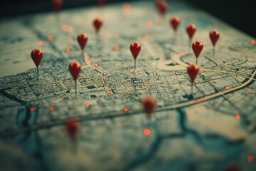 A map with red pins on it