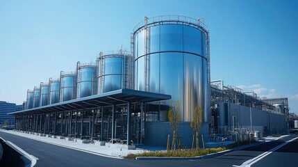 Obraz premium Modern Industrial Plant with Storage Tanks: A View of an Advanced Facility with Multiple Cylindrical Tanks and Supporting Infrastructure