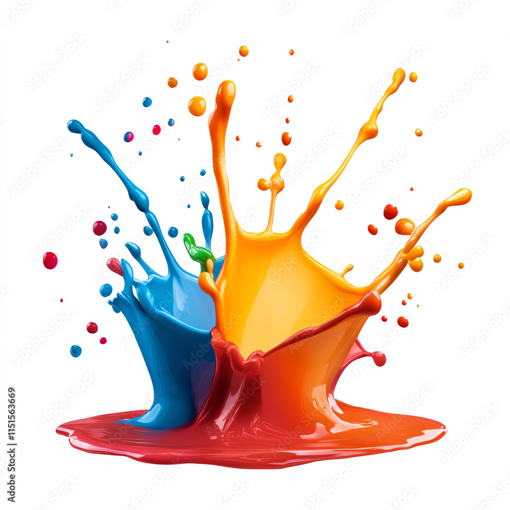 Poster vibrant paint splashes in various colors creating an artistic burst on a white background.