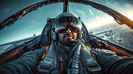 Fototapeta premium Fighter jet pilot communicating from the cockpit during a high-altitude mission with modern equipment and cinematic lighting