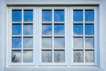 a white window with reflections of the sky and trees