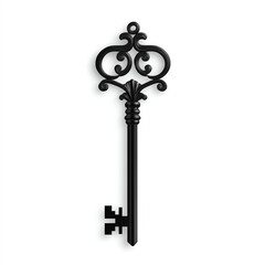 Vintage black key with intricate design on a white isolated background.
