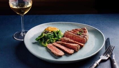 A perfectly grilled steak, sliced and served with a side of sauteed greens, accompanied by a glass of crisp white wine