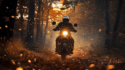 riding a motor during fall in the forest during midnight with a eye-level angle 