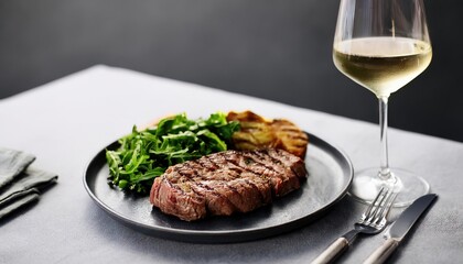 A perfectly grilled steak, sliced and served with a side of sauteed greens, accompanied by a glass of crisp white wine