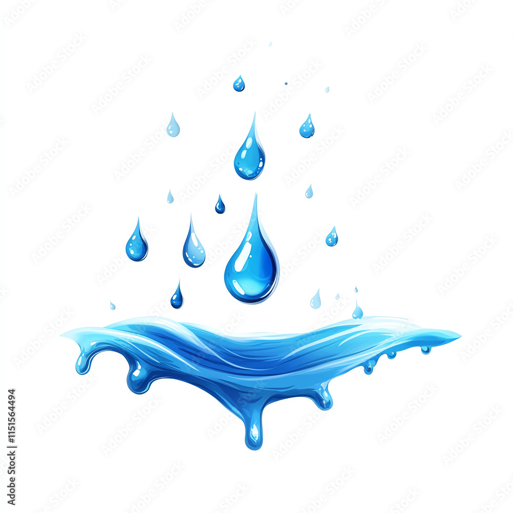 Poster water drops falling into a blue wave, creating a serene and refreshing atmosphere, isolated on a whi