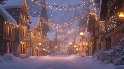 Naklejka premium Enchanted Snowy Village: A Christmas Night Scene