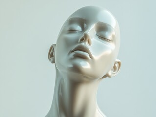 close up of a white mannequin head with closed eyes against a white background