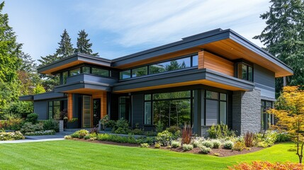 Fototapeta premium Modern Home Exterior with Landscaping and Trees