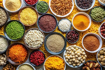 Colorful grains and pulses create a healthy, appealing composition against a stark white backdrop, shot at night.
