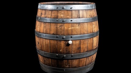 Fototapeta premium Display your products in style with this vintage-filtered image of an old oak wine barrel against a black background. Its classic aesthetic is perfect for creating a memorable