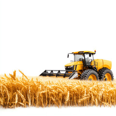 Yellow tractor harvesting wheat in a vast golden field, isolated on white background
