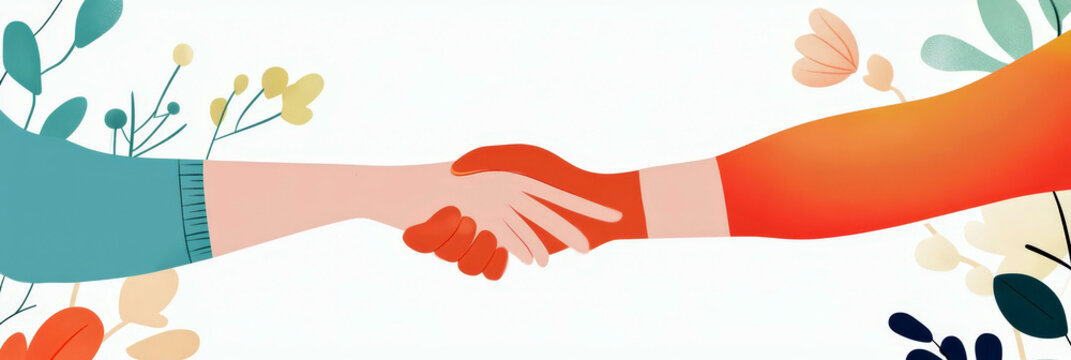 Celebrating Good deeds day with handshake and blossoming flowers for positive community impact. Flat illustration. Horizontal banner. Copy space - Powered by Adobe