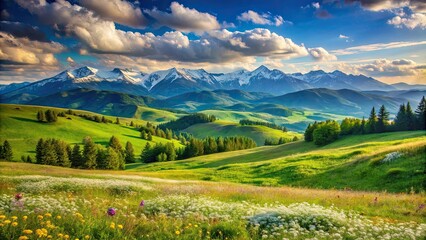 Serene mountain meadow landscape with lush green hills and vibrant wildflowers under a bright sunny sky