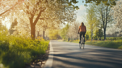 woman cycling during spring on the road during mid-day with a frontal angle 
