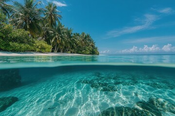 Naklejka premium A beautiful blue ocean with palm trees in the background