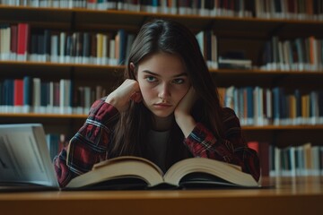 A girl is sitting at a desk with a book open in front of her
