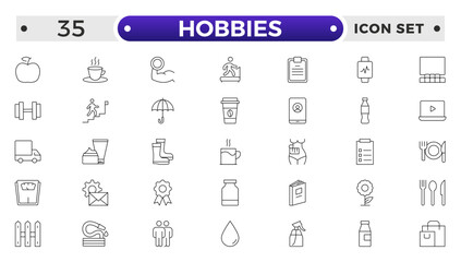 Hobbies icon set. Containing healthy lifestyle, diet, exercise, sleep, relationships, running, routine, self-care, culture and lifestyle icons. Healthcare, health, diet, healthy food, collection.