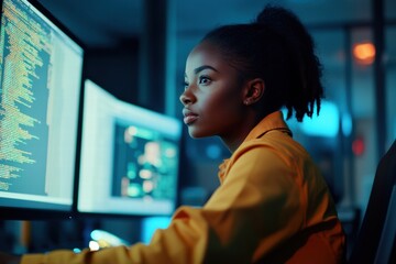 A woman in a yellow shirt is sitting in front of two computer monitors