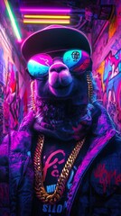 Stylized Llama in Neon Streetwear with Gold Chains and Reflective Glasses in a Vibrant Urban Graffiti Alley