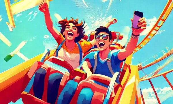 Thrilling Rollercoaster Ride: Three Friends Capture the Excitement
