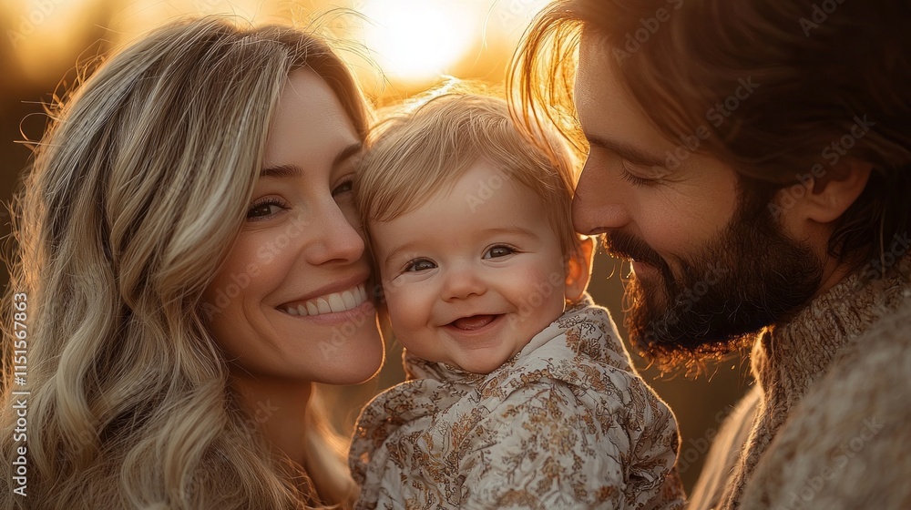 Wall mural Two parents kissing their baby boy on the cheeks at sunset 