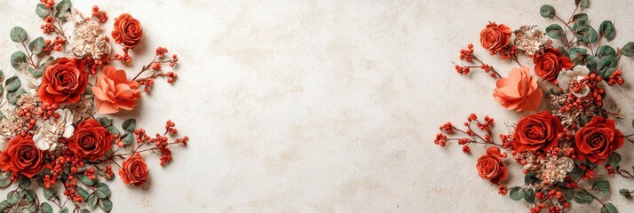 Elegant floral arrangement featuring red roses and greenery on a textured background, ideal for invitations or decorative purposes.