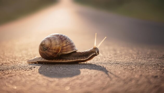 A snail moving across road, symbolizing patience, persistence, and gradual progress