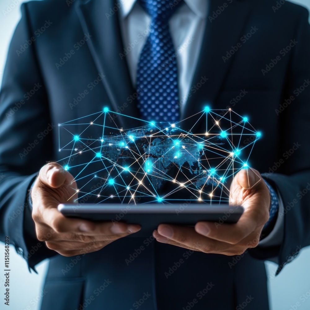 Poster person holding tablet with digital map and network connection