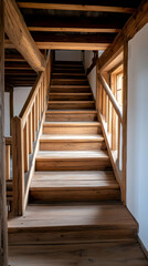 Obraz premium Rustic Wooden Staircase Interior, Sunlight, Historic Building, Home Design, Architecture.
